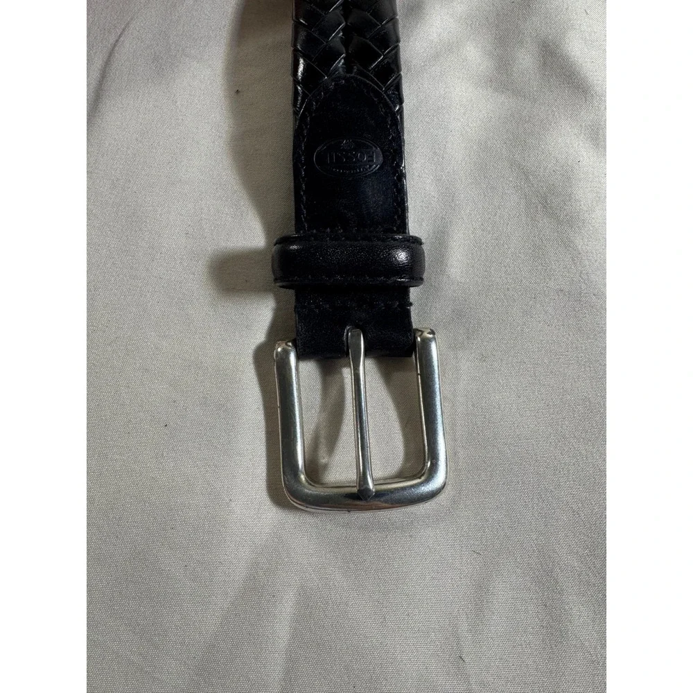 Fossil Black Braided Leather Belt Mens 34 Silver Buckle Woven Classic Casual